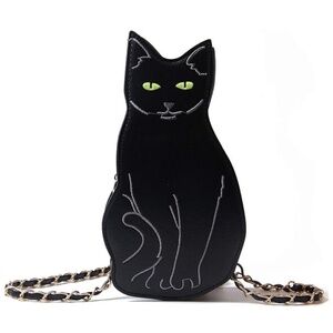 Black Cat Shaped Halloween Goth Novelty Purse Zipper Crossbody Bag Gold Chain